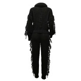 Winter Turtle Neck Cable Knit Sweater And Tasseled Pants Set