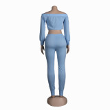 Solid Color Cotton Blended Women Light Blue Off The Shoulder Crop Top Pant Set