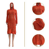 Sexy Hollow Out Hole Sweater Dress Fall Solid Color Hoodie Midi Women Knit Dress