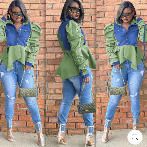 Double Collar Adjustable Tie Puff Long Sleeve Ruffle Denim Jacket