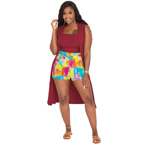 Summer Sleeveless Cardigan Vest Top & Printed Shorts Three Piece Set