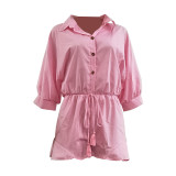 Solid Color Convertible Collar Ruffled Short Romper