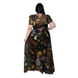 Summer Plus Size Women Print Puffed Short Sleeve Sexy Mesh Long Dress