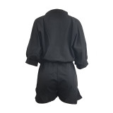 Solid Color Black Convertible Collar Ruffled Short Romper