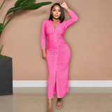 Solid Color V Neck Ruched Maxi Dress