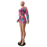 Women Printed Long Sleeve Cardigan Shirt Shorts Casual Set