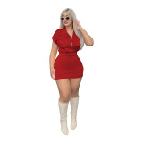Tooling Styles Solid Color Stand Collar Zipper Short Sleeve Club Dress