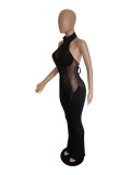 Spring Mesh Stitching Halter Backless Jumpsuit
