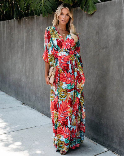 Cotton Leaf Printed Beach Dress with Belt