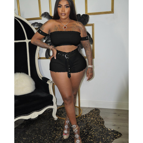 Sexy Solid Pit Clubwear Split Joint Off the Shoulder Short Sleeve Two Piece Shorts Set
