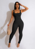 Solid Color Ribbed Sleeveless Square Neck Backless Tank Jumpsuit