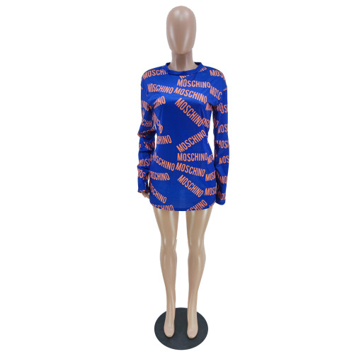 Blue Long Sleeve Soft Print T-shirt Dress