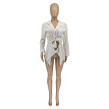 Fashion Solid Hollowed Out Turndown Collar Shirts