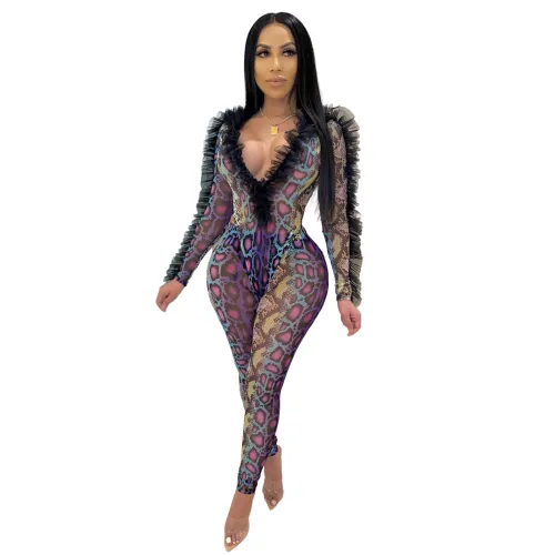 Casual V Neck Mesh Snake Print See Through Romper and Pant