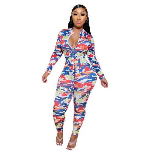 Hole Net Zipper Print Jumpsuit
