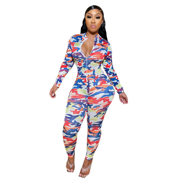 Hole Net Zipper Print Jumpsuit