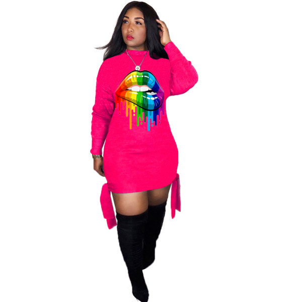 Digital Printed Colorful Lips Long Sleeve Club Dress
