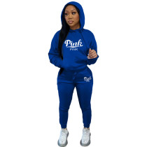 Blue Fashion Twill Two Piece Set Casual Embroidery Hooded Sports Sweatshirt Set