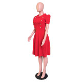 OL Style Ruffle Collar Short Sleeve Pleated Dress