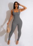Solid Color Ribbed Sleeveless Square Neck Backless Tank Jumpsuit