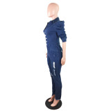 Casual Stacked Puff Sleeve Denim Ripped Jumpsuit