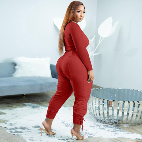 Red Casual Solid Bandage Patchwork V Neck Plus Size Two Pieces Pant Set