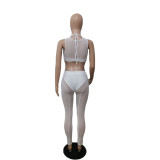 White Sexy See Through Mesh Stitching Sleeveless Crop Top and Trousers