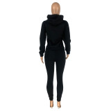 Autumn Winter Thick Drawstring Jogger Two Piece Black Sweatpants and Hoodie Set