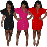 Solid Color Ruffle Sleeve Turndown Collar Single-breasted Cardigan Party Dress with Pockets