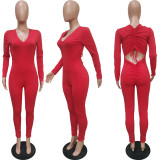 New Fashion Women Solid Long Sleeves Pleated Drawstring Skinny Casual Jumpsuit