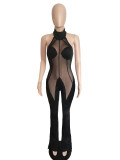 Spring Mesh Stitching Halter Backless Jumpsuit