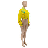 Casual Yellow Cropped Letter Print Varsity Baseball Jacket