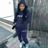 Casual Letter Pyrography Velvet Drawstring Kangaroo Pocket Hoodie & Pants Set