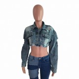 Denim Gradient Washed Worn Crop Short Jacket