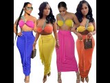 Color Patchwork One Shoulder Strapped Two Piece High Waist Pleated Sets