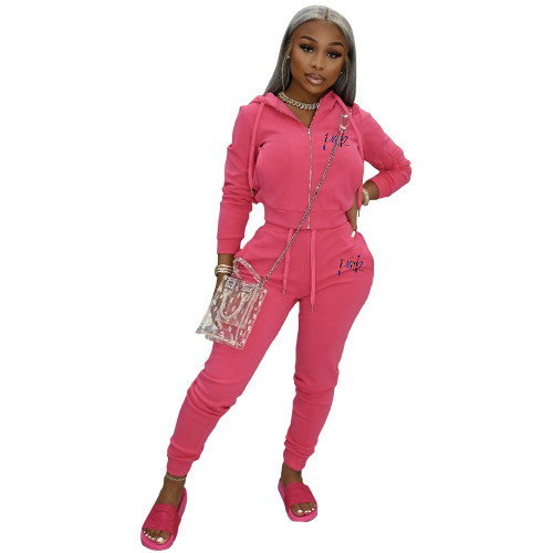 Solid Color Pink Embroidered Letter Sports Hoodie Pants Set