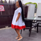 Summer Printed Short Sleeve O Neck Color-block Pleated Dress with Pockets