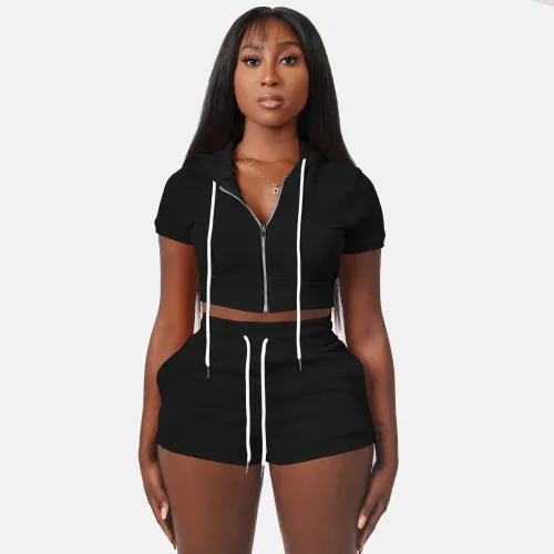 Solid Black Zipper Cardigan Hooded Cropped Two-Piece Short Summer Set