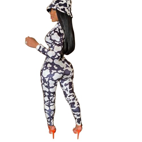 Cow Print Color Block Sexy Jumpsuits Women Long Sleeve Bodycon Rompers One Piece Club Outfits