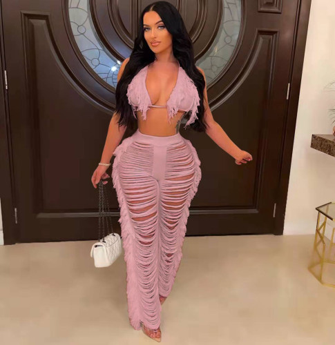 Knitted Tassel Sexy Two Piece Beach Outfits for Women Swimsuit Summer Vacation Matching Sets