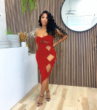 Red Solid Color Hollow Strapless Mid Dress