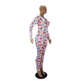 Casual Pattern Printed V Neck Home Jumpsuit