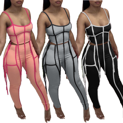 Solid Color Contrasting Ribbon Tassel Zipper Straps Tops & Long Pants