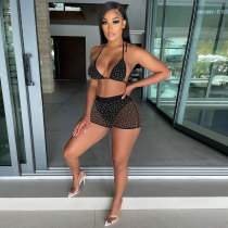 Summer Black Beachwear Sexy Mesh Sequined Two Piece Short Set