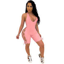 Solid Color Halter Backless Side Bandage Sexy Romper