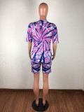 Casual Tie-dye Round Neck Loungewear Shorts Set