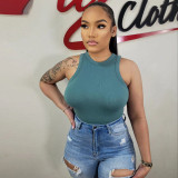 All-match Fashion Solid Color Pit Vest Rompers