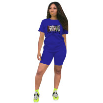 Fashion Royal Blue Ladies Shorts Tracksuit Printed Avatar Women Short Sets