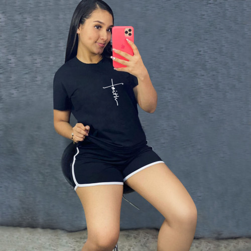 Black Casual Print Split Joint O Neck Short Sleeve Sportswear Two Pieces