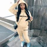 Casual Letter Pyrography Velvet Drawstring Kangaroo Pocket Hoodie & Pants Set
